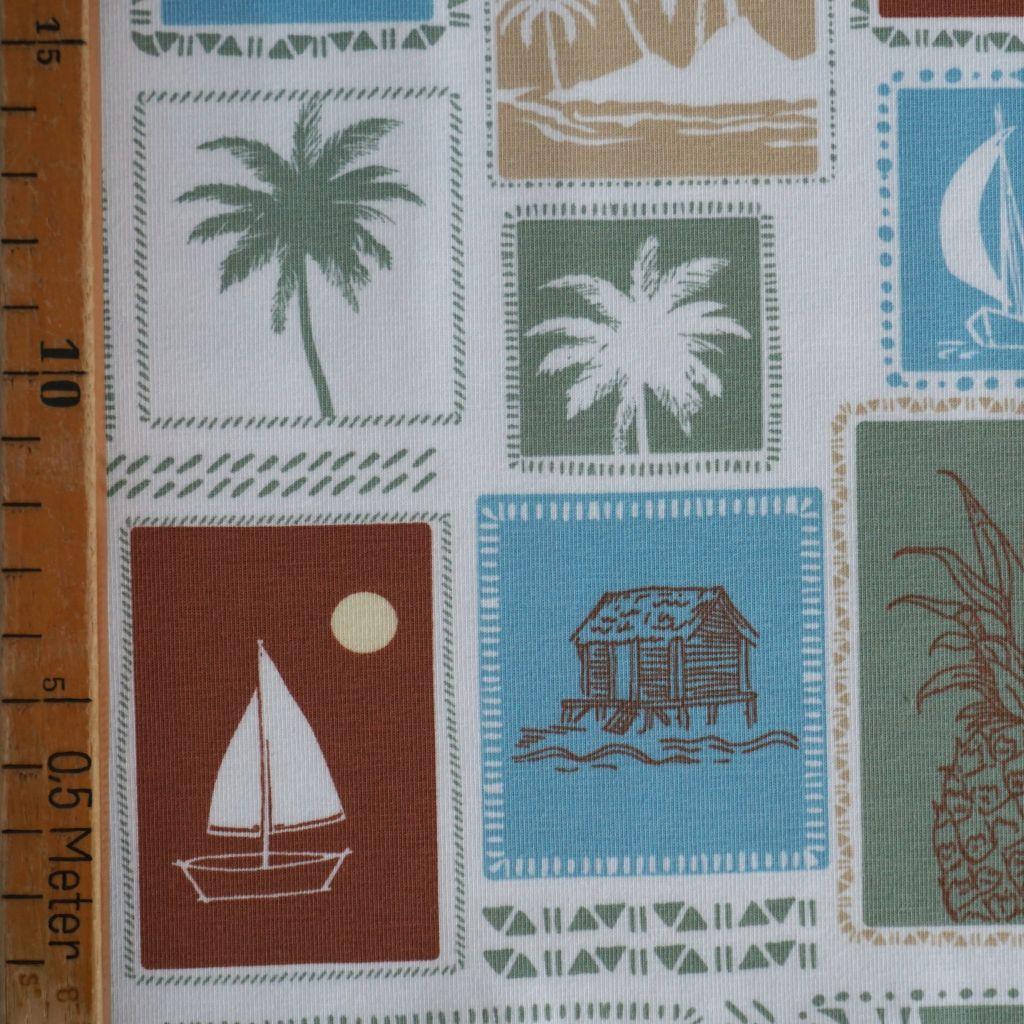 Baumwolljersey Briefmarken Reisemotive grün beige blau